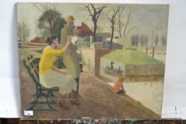 Attributed to Pauline Plummer, a study of a family sat by the riverbank, oil on board, unsigned,