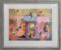 British contemporary, abstract study of animals, mixed media on paper, indistinctly signed lower