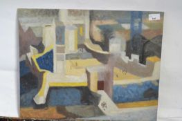 Attributed to Pauline Plummer, an abstract study of buildings and figures, unsigned, 51 x 41cm,