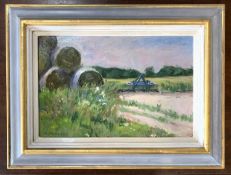 Pauline Plummer, View over a rural landscape with bales of straw, oil on board, signed, approx