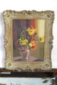 Attributed to Pauline Plummer, a still life study of flowers in an interior setting, oil on board,