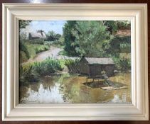 Pauline Plummer, Pond and Duck House, oil on board, signed, approx 45x35cm, framed