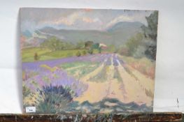 Pauline Plummer, a view over floral fields and hillsides, oil on board, unsigned, 51 x 41cm,