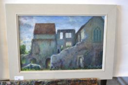 Pauline Plummer, a study of ruins, oil on board, signed, 36 x 23.5cm, framed