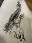 Five charcoal works on paper of predominately female Spanish dancers, unframed