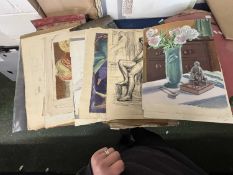 A folder of assorted works predominately life studies in pencil plus some works mostly oils on