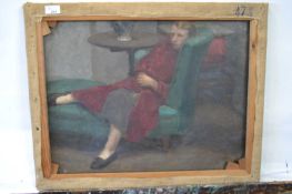 Attributed to Pauline Plummer, an interior scene depicting a lady wearing a red overcoat reclining