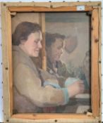 Attributed to Pauline Plummer, a portrait study of a woman stood against a mantel and mirror,