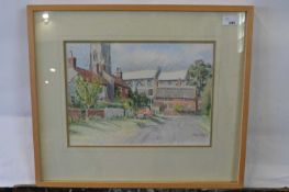 Pauline Plummer, a depiction of a village scene, pencil on paper, signed and dated 1991, 34 x 24cm