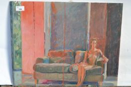 Attributed to Pauline Plummer, an interior scene of a seated female nude, oil on board, unsigned, 51