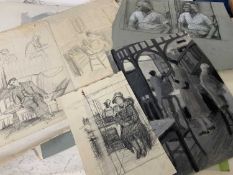 A substantial folder of assorted works mainly life studies in graphite and pencil plus