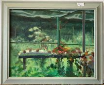 Pauline Plummer, a greenhouse with flora, signed and dated 2005, oil on canvas, 49 x 39cm, framed.