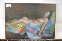 Pauline Plummer, a study of a reclining female nude, oil on board, signed, 41 x 30cm, unframed