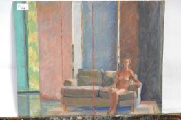 Attributed to Pauline Plummer, an interior scene with a seated female nude, oil on board,