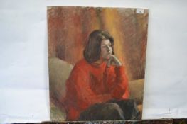 Attributed to Pauline Plummer, a study of a young lady in a red jumper in an interior setting, oil