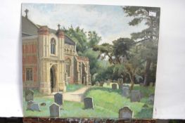 Attributed to Pauline Plummer, a study across a church and graveyard, oil on board, unsigned, 71 x