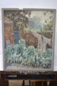 Pauline Plummer, study of a vegetable garden with scarecrow, impasto oil on board, signed, 60 x