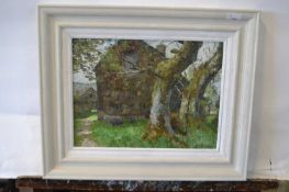 Pauline Plummer, a study of farmland building with grazing sheep, an impasto oil on board, signed,
