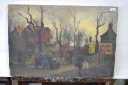 Attributed to Pauline Plummer, a street scene depicting figures and buildings in an autumnal or