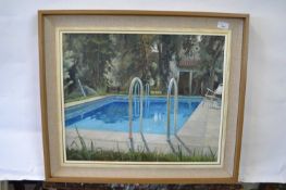 Pauline Plummer, a study of an outdoor swimming pool, oil on canvas, signed and dated 1990, 55 x