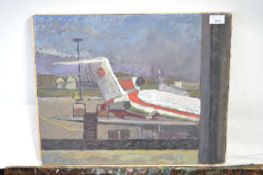 Attributed to Pauline Plummer, study of aircraft waiting on the airport tarmac, acrylic on canvas,