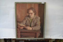 Attributed to Pauline Plummer, a double sided oil on canvas depicting a lady sat at a table