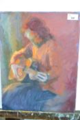 Pauline Plummer, a still life study of a red headed lady seated play an acoustic guitar, oil on