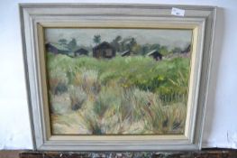 Pauline Plummer, A landscape view with buildings, oil on board, signed and dated 2013, approx 44 x