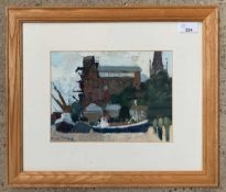 John Tookey, an industrial port study, oil on board, signed, 25 x 19cm, framed and glazed