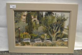 Pauline Plummer, view over two parked vehicles and distant buildings, oil on board, signed,