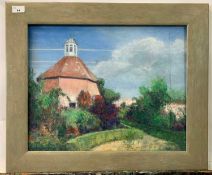 Pauline Plummer, a garden scene with a rotunda building, signed, oil on board, 50 x 39cm, framed