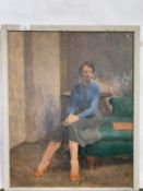 Attributed to Pauline Plummer, a study of a lady in an interior setting seated on a green chair, oil