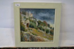 Pauline Plummer, a landscape scene with sheep grazing in the foreground , oil on board, signed, 29 x