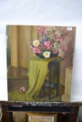 Attributed to Pauline Plummer, an interior scene of flowers on a table, oil on board, 61 x 51cm,
