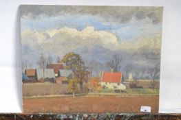 Attributed to Pauline Plummer, a countryside view across fields and buildings, oil on board,