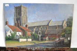 Attributed to Pauline Plummer, study of a village and Church, oil on board, unsigned, 77 x 50cm,