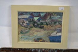 Pauline Plummer, a coastal study of moored boats and huts on the shoreline, oil on board, signed, 34