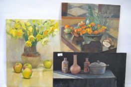 Pauline Plummer, a trio of still life studies, oil on board, unframed, signed and dated 1989, 1995