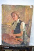 Attributed to Pauline Plummer, a study of a female, possibly Plummer, artist sat with paint