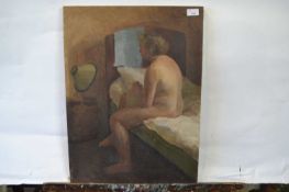 Attributed to Pauline Plummer, an interior scene depicting a female nude sat on a bed, oil on