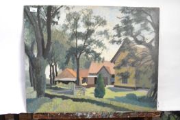 Attributed to Pauline Plummer, a view in a rural setting of a garden and buildings, inscribed P