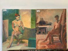 Attributed to Pauline Plummer, a pair of life studies of female nudes in an interior setting, oils