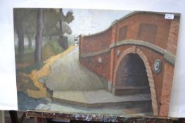 Attributed to Pauline Plummer, a study of a bridge and ford, oil on board, unframed, 76 x 51cm