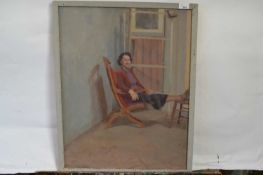 Attributed to Pauline Plummer, an interior scene with a lady sitting in a chair, oil on canvas,