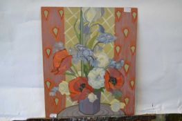 An abstract still life study of flowers, signed M Plummer, oil on board, unframed, 61 x 51cm