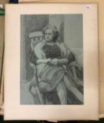 Attributed to Pauline Plummer - A charcoal heightened in white of a lady seated in an interior