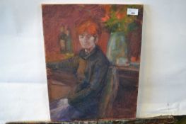 Pauline Plummer, an interior scene depicting a red headed lady sat before a vase of flowers, oil