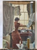 Attributed to Pauline Plummer, an interior scene with a woman undertaking household chores, oil on