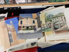 Folder of assorted works on paper, predominantly watercolour and pencil sketches.