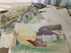 A small folder of assorted scrap album segments plus assorted pastels and graphite works on paper